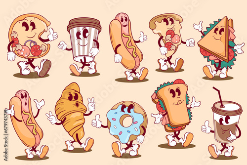 cartoon character for food street , hot dog, sandwich and French fries, retro groovy style, food icon set. cartoon illustration of fast food vector icons 