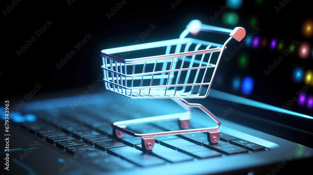 Virtual shopping cart on top of laptop computer in online shopping concept