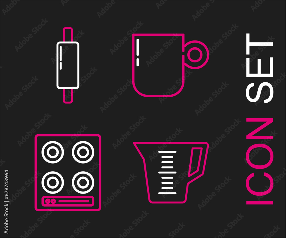 Set line Measuring cup, Gas stove, Coffee and Rolling pin icon. Vector Set line Measuring cup, Gas stove, Coffee and Rolling pin icon. Vector