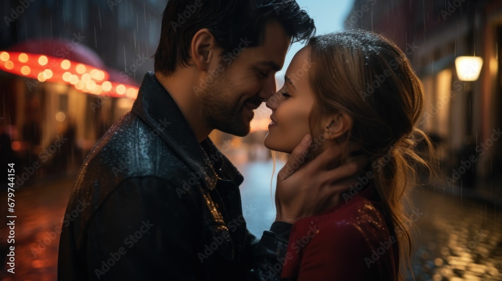 A happy couple spending a romantic time in the middle of the street on a rainy day, getting close to each other and kissing.