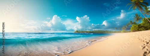 Beach palms and sea beautiful banner. Generative AI, © Erik