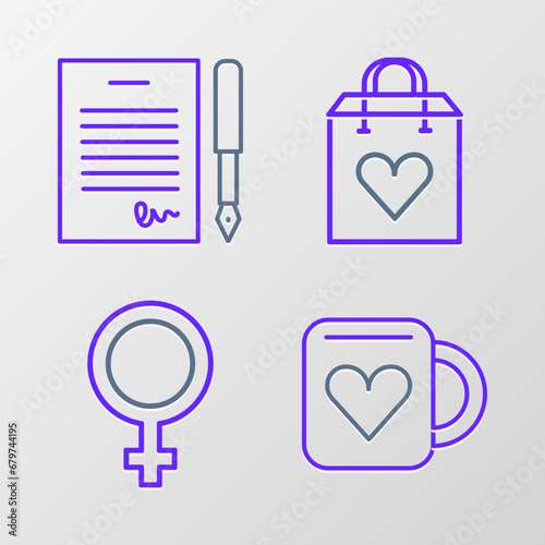 Set line Coffee cup and heart, Female gender symbol, Shopping bag with and Marriage contract icon. Vector