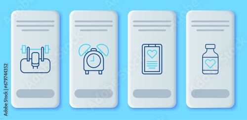 Set line Alarm clock, Medical clipboard, Bench with barbel and Vitamin pill icon. Vector