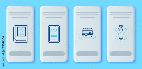 Set line Medical clipboard, Junk food, book and No doping syringe icon. Vector