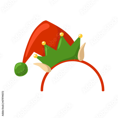 Christmas hair hoop with Elf hat and ears. Headdress for a party, festival, carnival, holiday. Cartoon style. Attribute of costume. Vector isolated.
