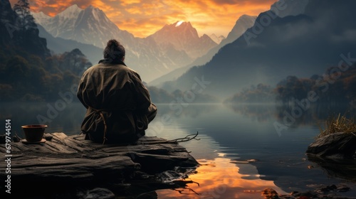 Serene man on a dock, captivated by the breathtaking view of towering mountains.