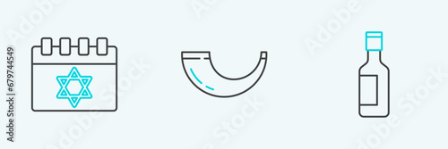 Set line Jewish wine bottle, calendar and Traditional ram horn, shofar icon. Vector