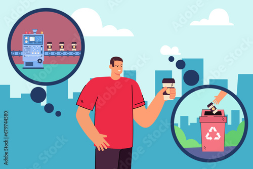 Man with disposal cup vector illustration. Different stages of manufacturing, using and recycling. Production line, recycling bin. Product life cycle photo