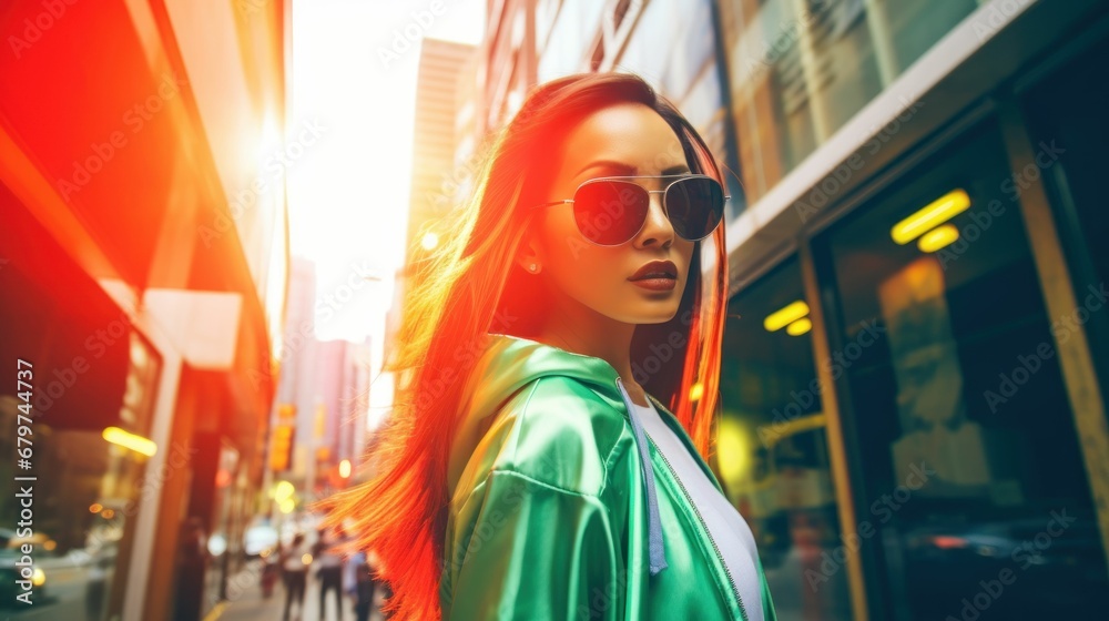 Obraz premium Stylish, dynamic woman in sunglasses strikes a striking pose on the city street.