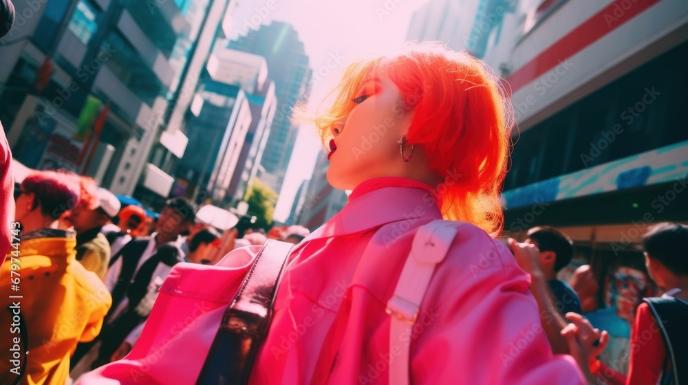 Street style photo of an urban explorer Asian woman dressed in street style, in the middle of the crowded metropolis.