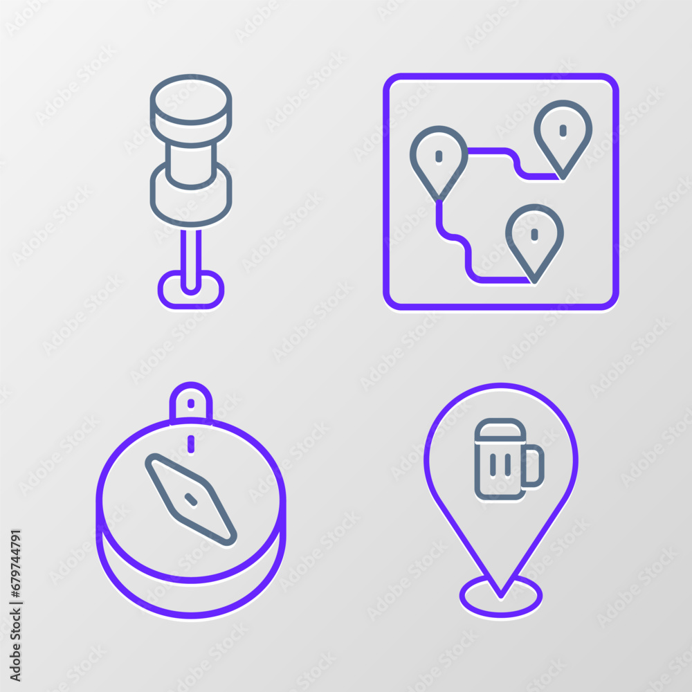 Set line Alcohol or beer bar location, Compass, Route and Push pin icon. Vector Set line Alcohol or beer bar location, Compass, Route and Push pin icon. Vector