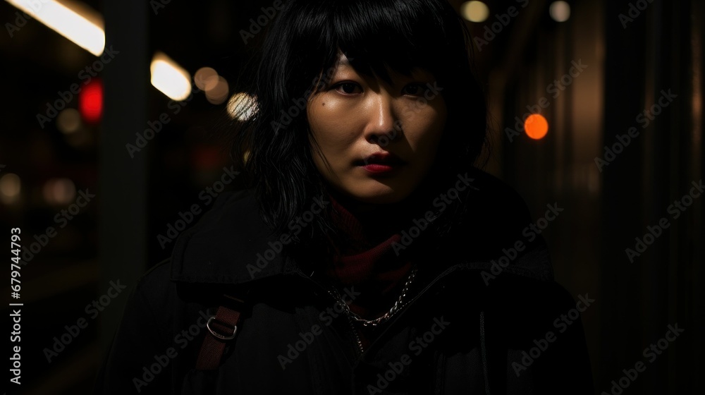 Street style photo of a bold, mysterious Asian woman in a dark environment. Street style photo of a bold, mysterious Asian woman in a dark environment.