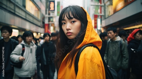 Street style photo of an urban explorer Asian woman dressed in street style, in the middle of the crowded metropolis.