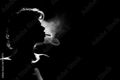 Sexy portrait of a smoking woman, backlit silhouette, black and white film noir style with copy space photo