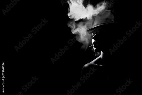Sexy portrait of a smoking woman wearing a hat, backlit silhouette, black and white film noir style with copy space photo