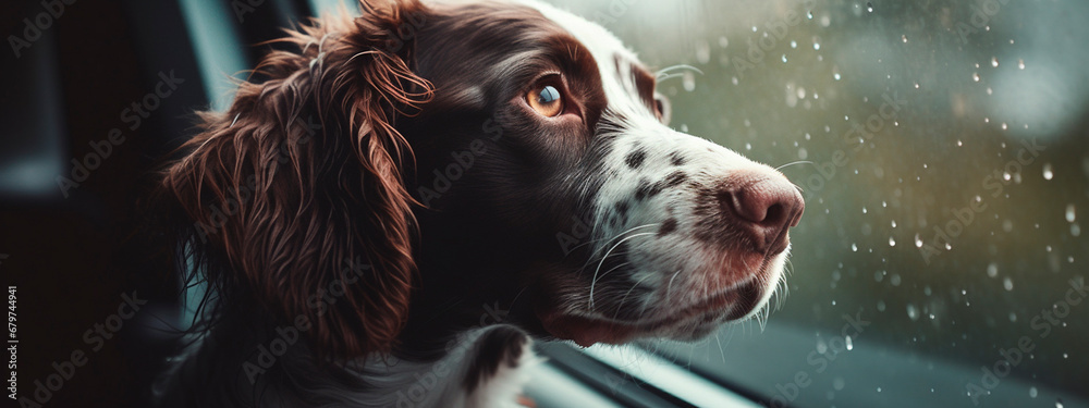 A dog rides in a car and looks out the window. Generative AI,