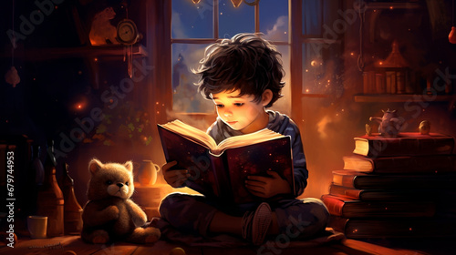 A child reads a book in a dark room. Generative AI,