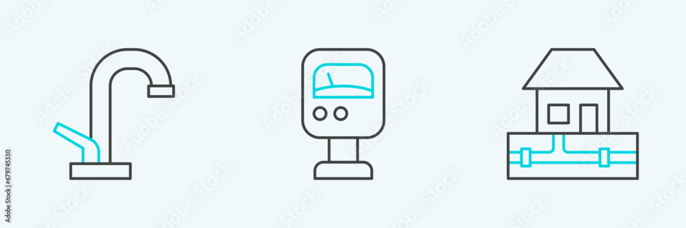 Set line Water supply pipes, tap and Pressure water meter icon. Vector Set line Water supply pipes, tap and Pressure water meter icon. Vector