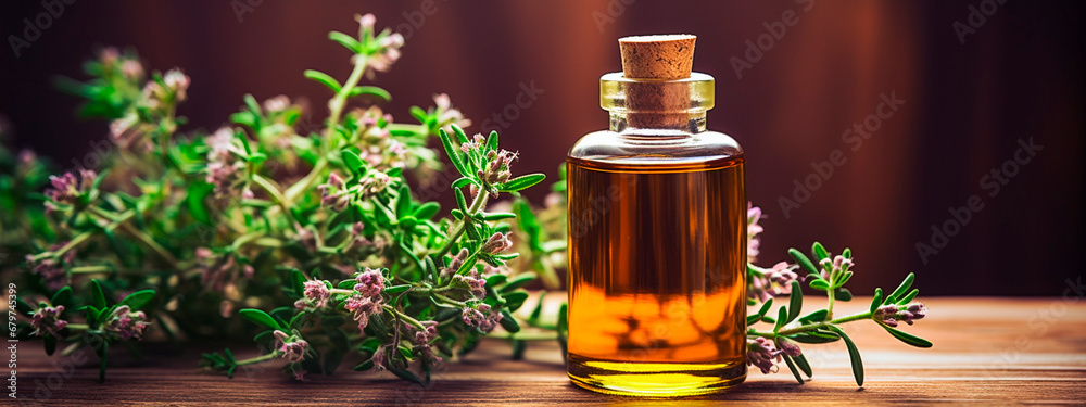 Thyme essential oil in a bottle. Generative AI, Thyme essential oil in a bottle. Generative AI,