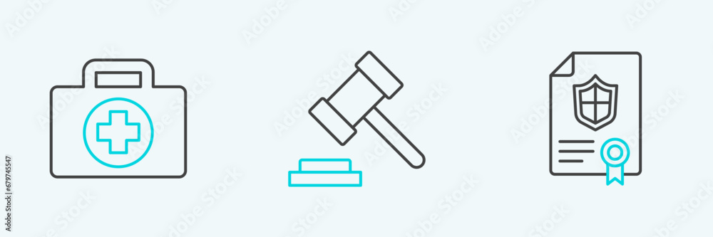 Set line Contract with shield, First aid kit and Judge gavel icon. Vector Set line Contract with shield, First aid kit and Judge gavel icon. Vector