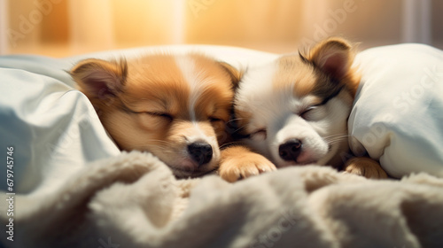 Two puppies are sleeping in bed. Generative AI, © Erik