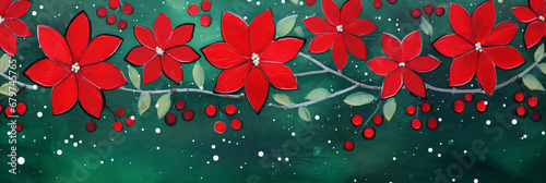 Christmas bright red Poinsettia flowers with emerald green background and tiny white snowflakes.  #679745765
