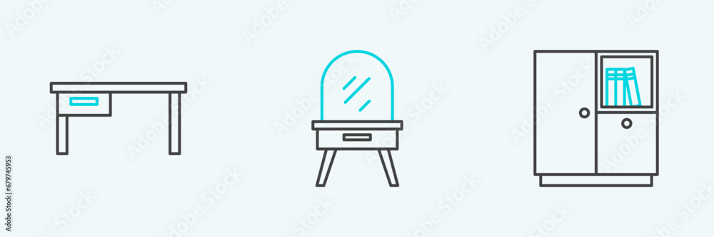 Set line Wardrobe, Office desk and Dressing table icon. Vector Set line Wardrobe, Office desk and Dressing table icon. Vector