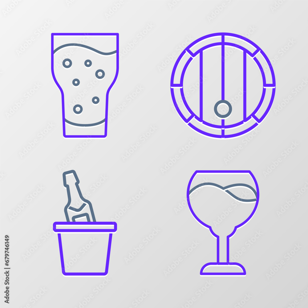 Set line Wine glass, Champagne an ice bucket, Wooden barrel and Glass of beer icon. Vector Set line Wine glass, Champagne an ice bucket, Wooden barrel and Glass of beer icon. Vector