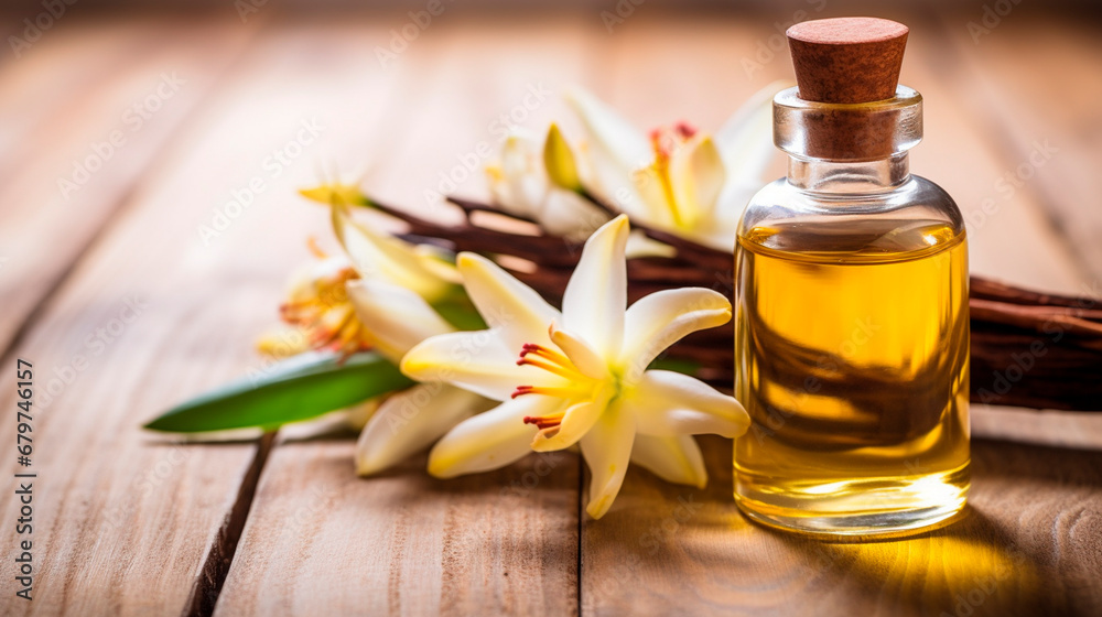 Vanilla essential oil in a bottle. Generative AI, - obrazy, fototapety, plakaty 