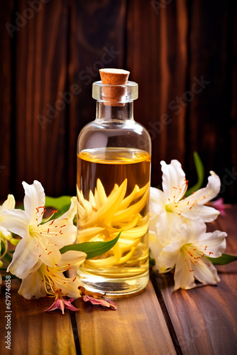 Vanilla essential oil in a bottle. Generative AI,