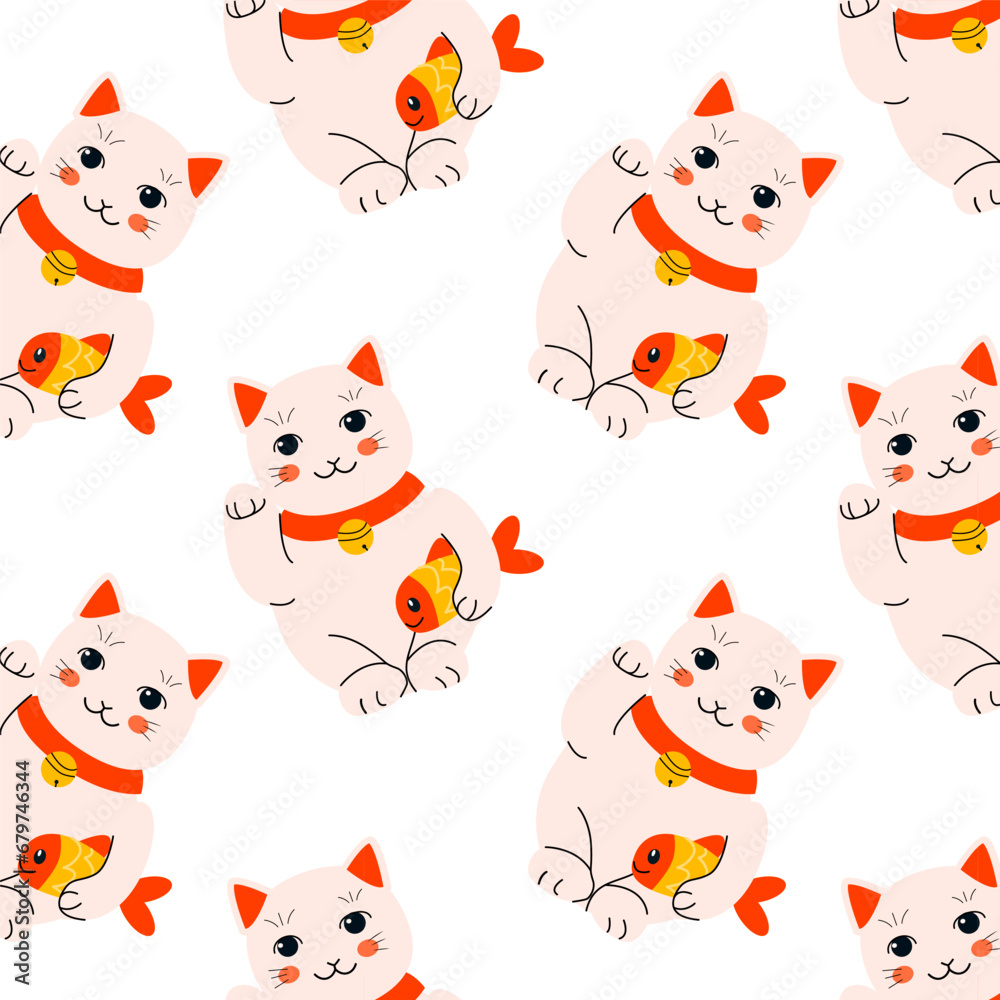 cute cat doll maneki with fish - seamless pattern cute cat doll maneki with fish - seamless pattern