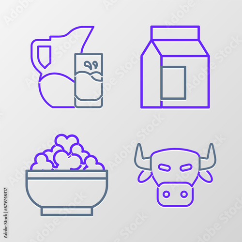 Set line Cow head, Cottage cheese, Paper package for milk and Milk jug pitcher and glass icon. Vector