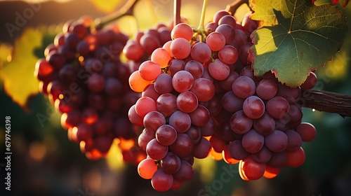 Ripe red grapes on vineyards in autumn harvest at sunset. Tuscany, Italy