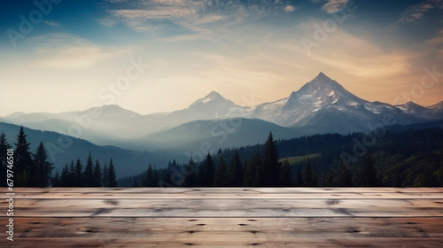 Wooden table background with mountains and wildlife landscape. Generative AI 