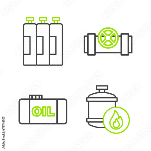 Set line Propane gas tank, Oil storage, Metallic pipes and valve and Industrial cylinder icon. Vector