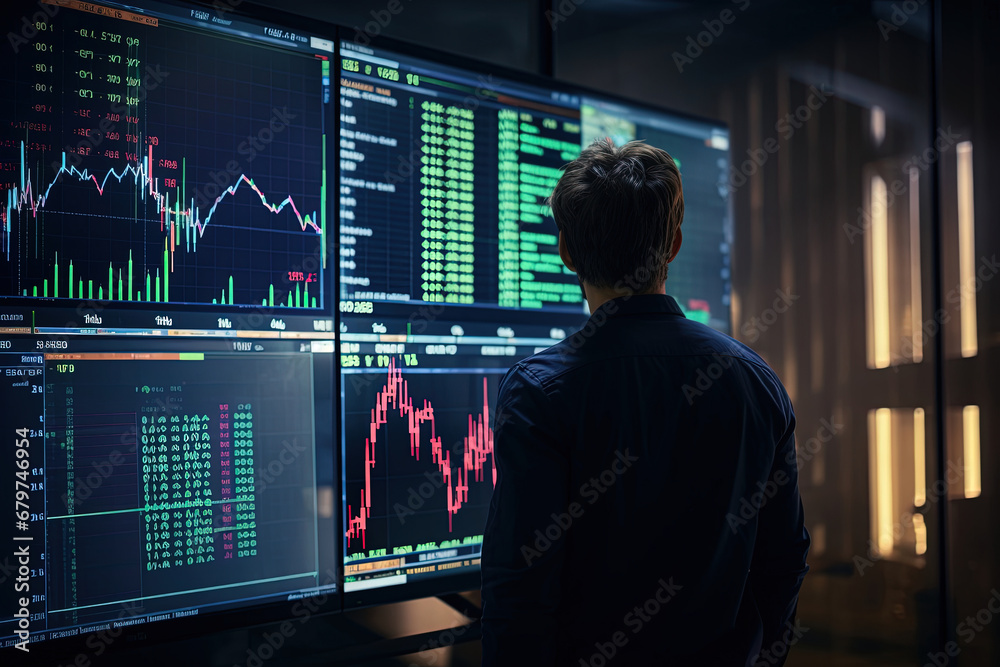 Stock Trader Analyzing Market Graph on Screen: Investment Strategy and Financial Risks in Stock, Crypto, and Forex. Financial Market Research. Stock Trader Analyzing Market Graph on Screen: Investment Strategy and Financial Risks in Stock, Crypto, and Forex. Financial Market Research.