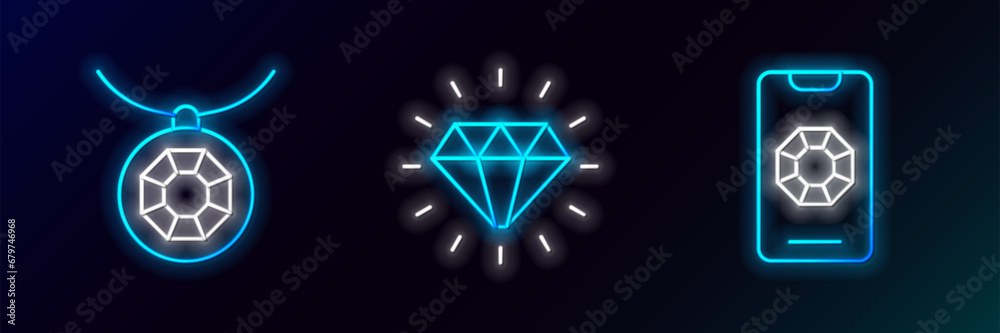 Set line Jewelry online shopping, Pendant necklace and Diamond icon. Glowing neon. Vector Set line Jewelry online shopping, Pendant necklace and Diamond icon. Glowing neon. Vector