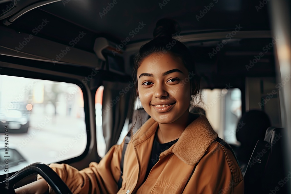 Portrait of smiling happy teenage girl in school bus. Portrait of smiling happy teenage girl in school bus.