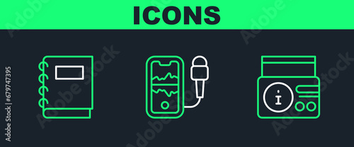 Set line News on radio channel, Notebook and Mobile recording icon. Vector