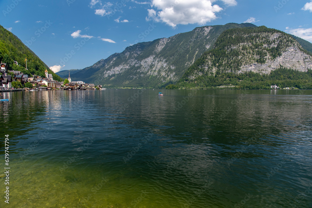 View of Hallstatt Hallstadt town with reflection in lake