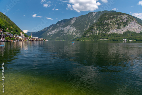 View of Hallstatt Hallstadt town with reflection in lake