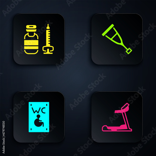 Set Treadmill machine, Syringe, Separated toilet for disabled and Crutch crutches. Black square button. Vector