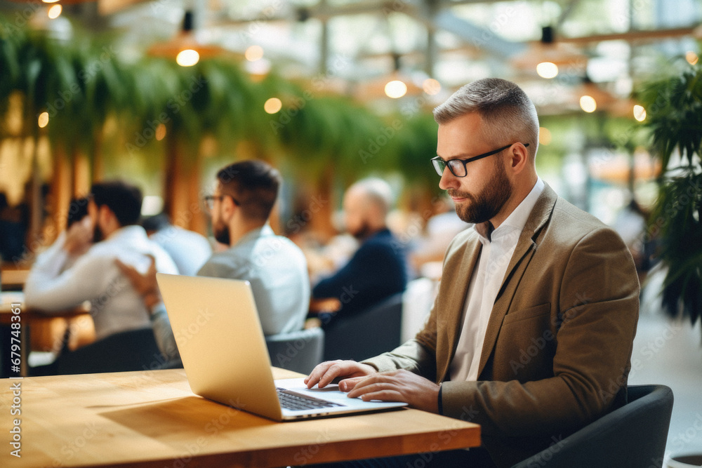 Businessman working on laptop in cafe. Business people working in the background. Businessman working on laptop in cafe. Business people working in the background.