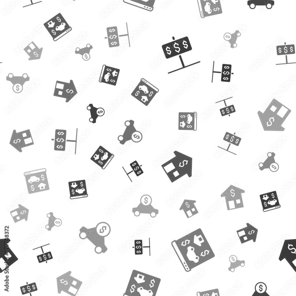 Set House with dollar, Online real estate, and Car rental on seamless pattern. Vector