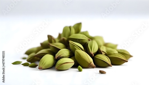 Fresh green cardamom on pure white background, beautiful seeds of Indian cardamom tree