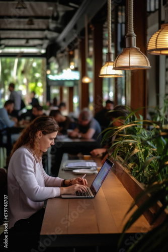 Young businesswoman working on laptop in coffee shop. Female freelancer using computer at cafe.