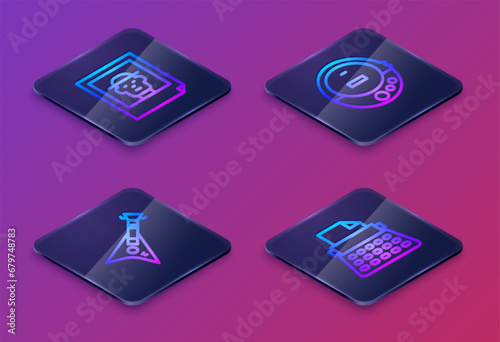 Set Isometric line Photo, Electric bass guitar, Music CD player and Retro typewriter. Blue square button. Vector