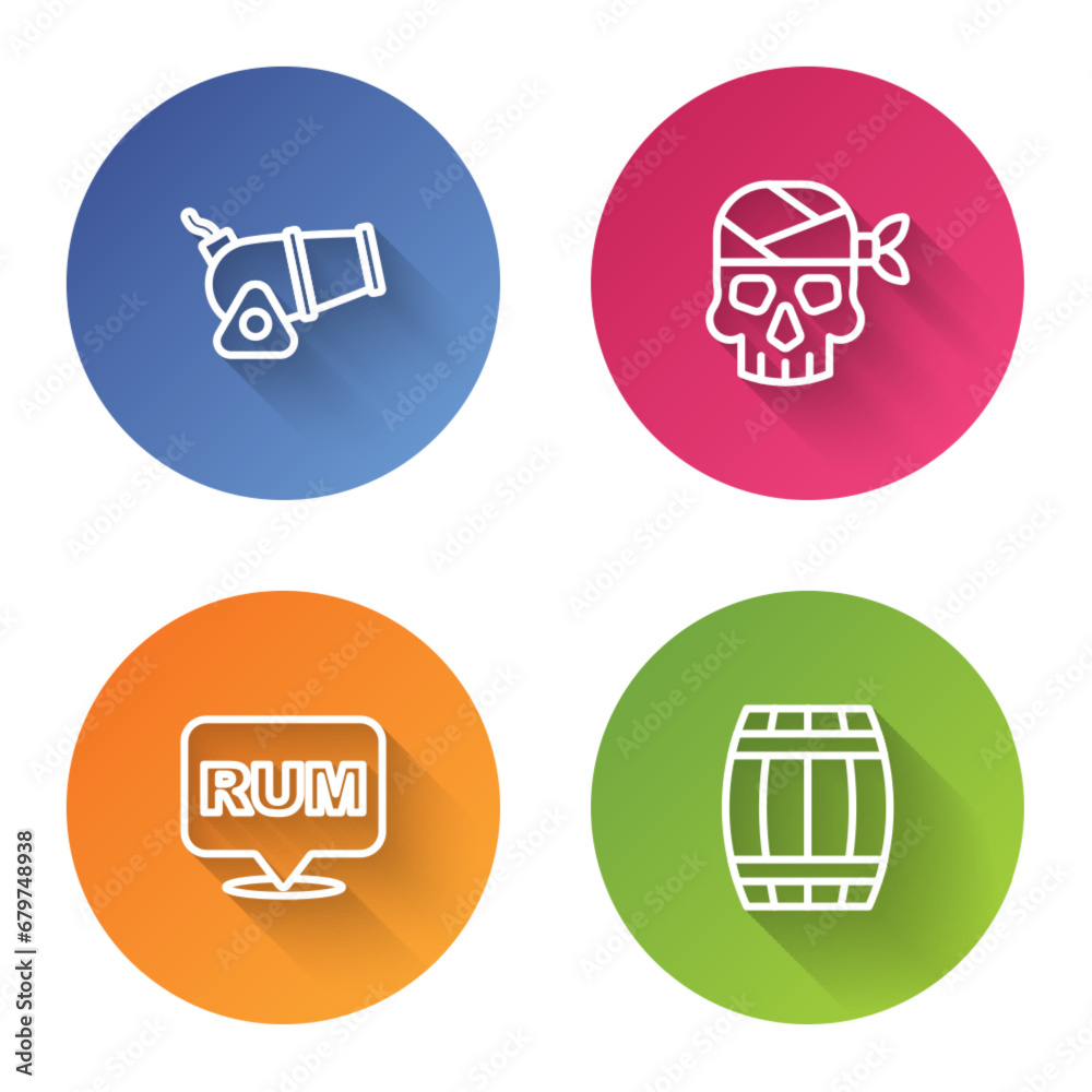 Set line Cannon, Pirate captain, Alcohol drink Rum and Wooden barrel. Color circle button. Vector Set line Cannon, Pirate captain, Alcohol drink Rum and Wooden barrel. Color circle button. Vector