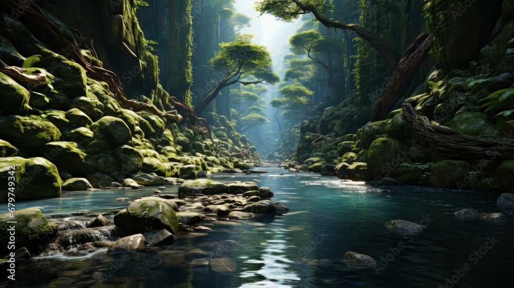 Beautiful Stream Painting Tropical Forest Natural, HD, Background Wallpaper, Desktop Wallpaper