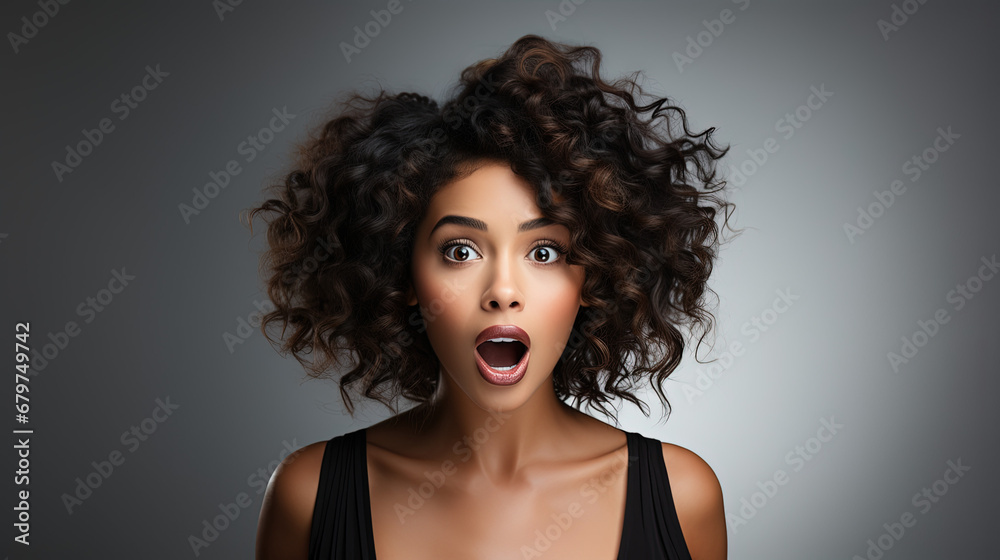 A beautiful black woman expressing surprise and shock emotion. Isolated on grey background A beautiful black woman expressing surprise and shock emotion. Isolated on grey background